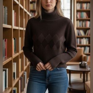 Sarah Pacini Argyle Wool Mohair Brown Turtleneck Sweater